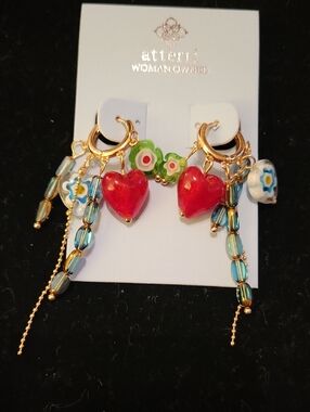 Atterri Gold-Tone Red Heart & Blue Bead Dangle Earrings Rt Lp